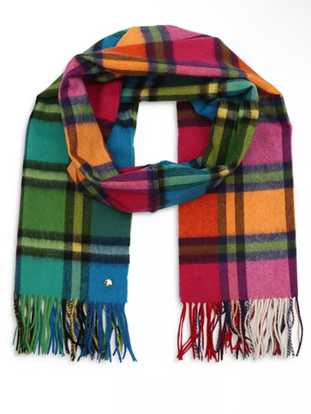 Kate Spade Multicolor Plaid Yarn Dye Wool Fringe Shawl Scarf NEW $128 MSRP
